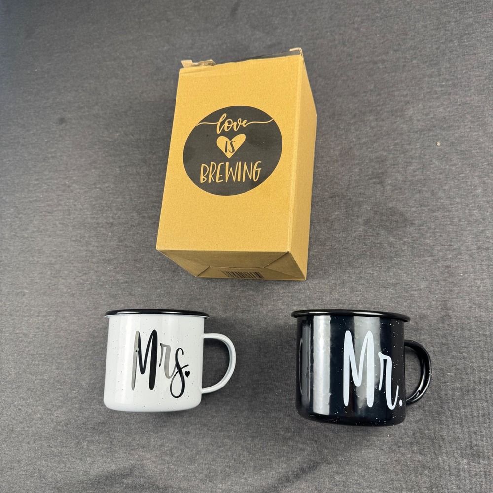 Mr and Mrs Enamel Mugs Set Love is Brewing Wedding Bridal Shower‎ Gift